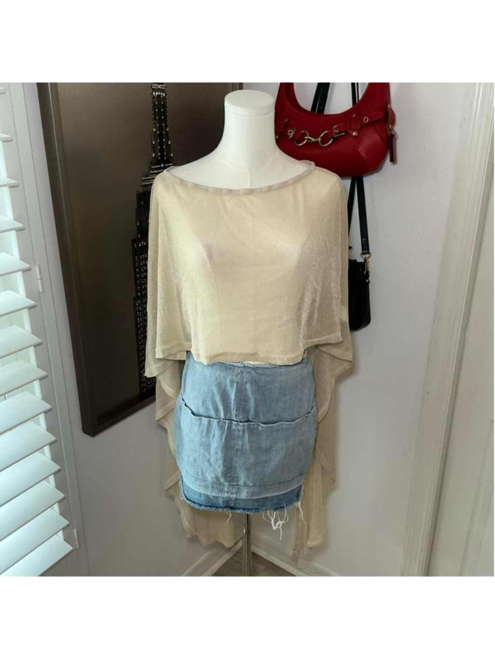 SHEIN Beige Gold Shimmer Sheer High Low Cape Top Size M